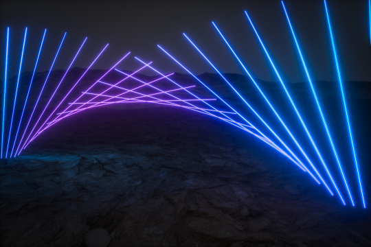 三维渲染，多彩线条与深色地形