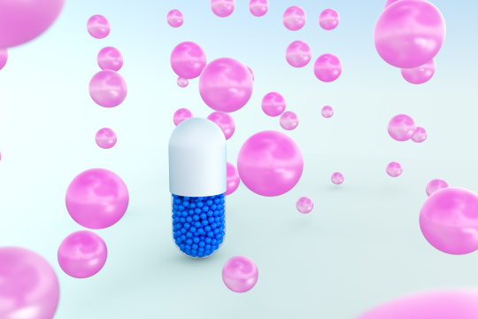 蓝色颗粒胶囊，三维渲染