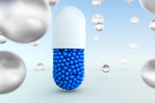 蓝色颗粒胶囊，三维渲染