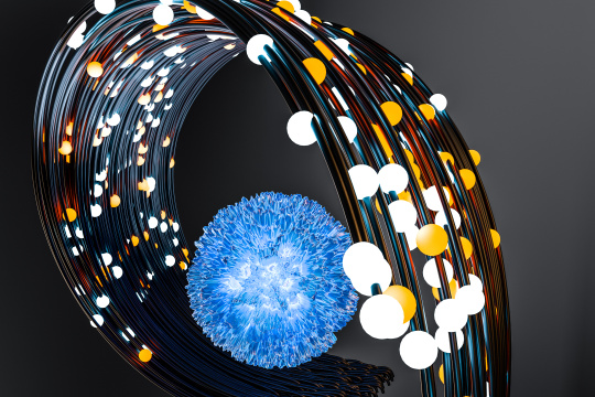 发光小球与流动线体，三维渲染