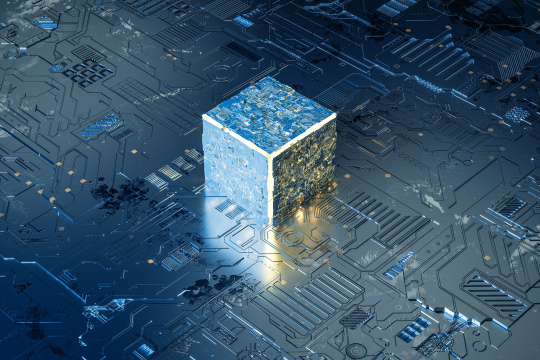 三维渲染，电路板与金色发光芯片