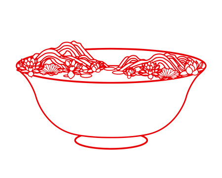 红色剪纸茶碗山水插画