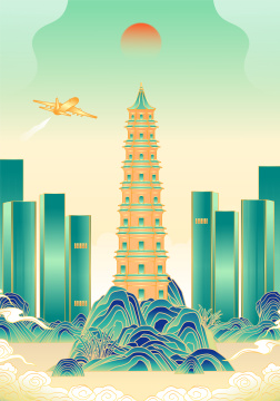 广西南宁城市建筑插画