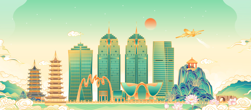 广西桂林城市建筑群插画