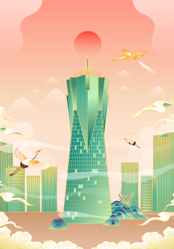 浙江杭州现代建筑矢量插画