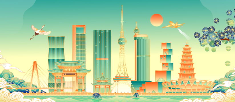 广东佛山城市地标建筑矢量插画