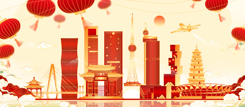 广东佛山城市地标建筑矢量插画