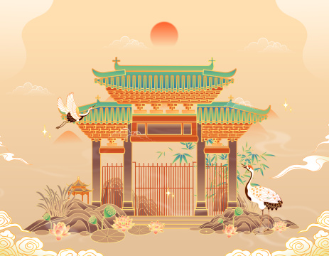 广东佛山祖庙古建筑矢量插画