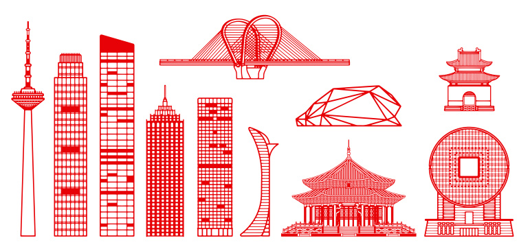 剪纸风格辽宁沈阳城市建筑群插画