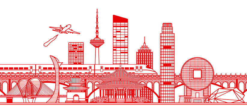 剪纸风格辽宁沈阳城市建筑群插画