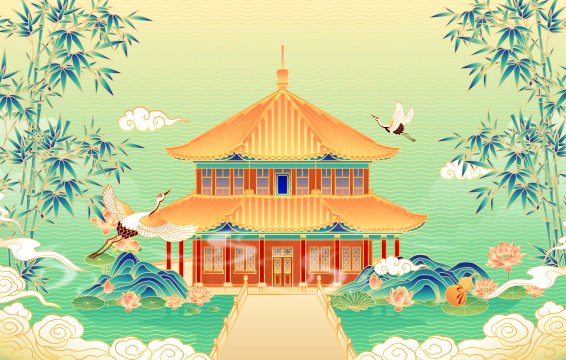 山东青岛栈桥码头回澜阁矢量插画