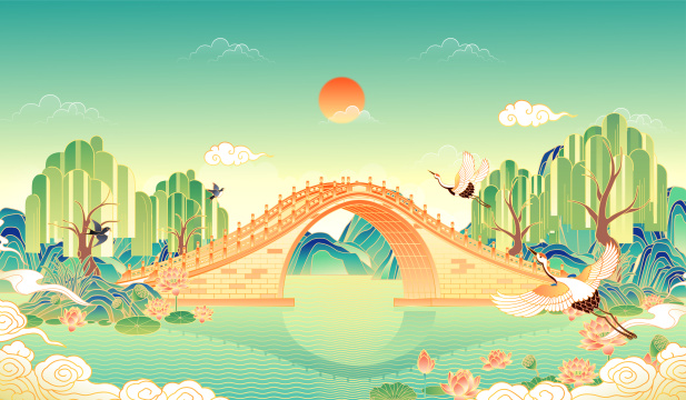 国风园林桥矢量插画
