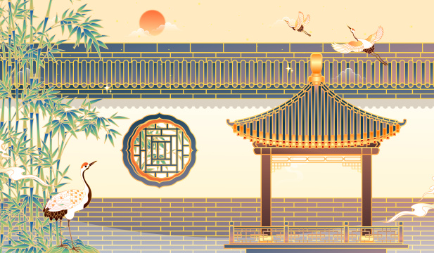 国潮风中国古典园林矢量插画