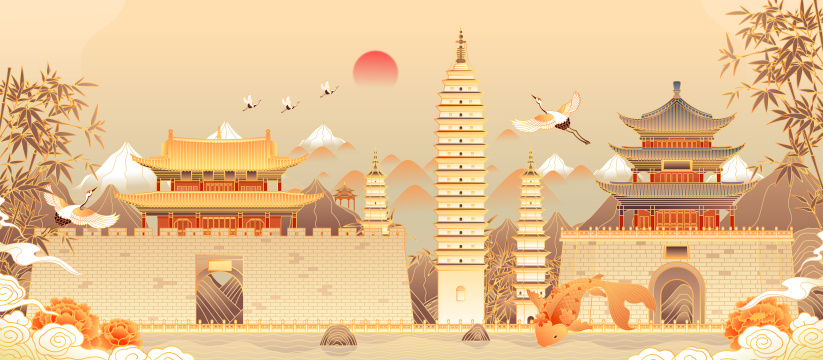 云南大理古城建筑矢量插画