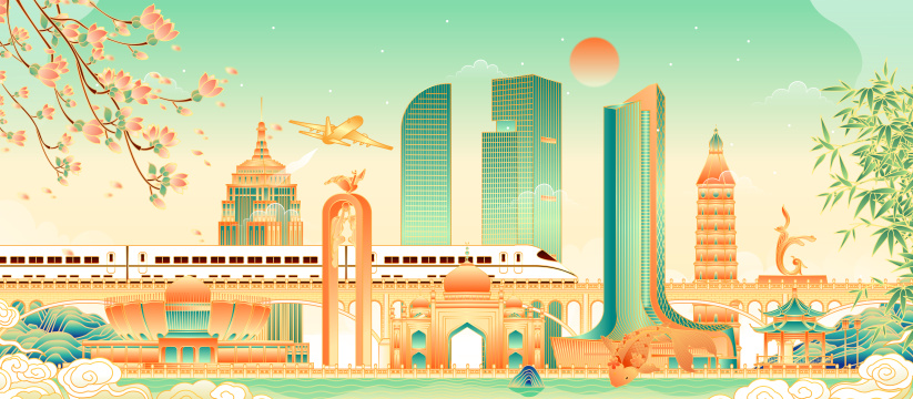 宁夏银川城市地标建筑矢量插画