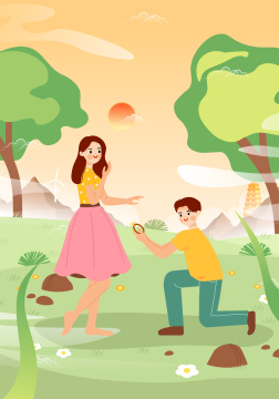 春天在户外求婚的情侣插画