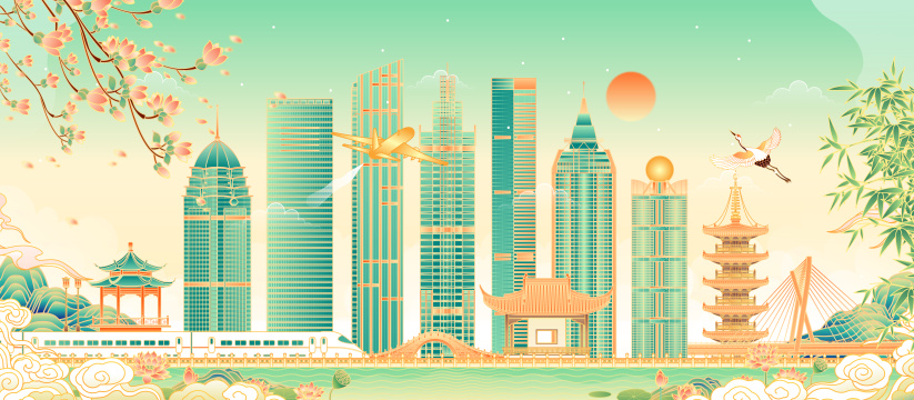 江苏无锡城市天际线建筑插画