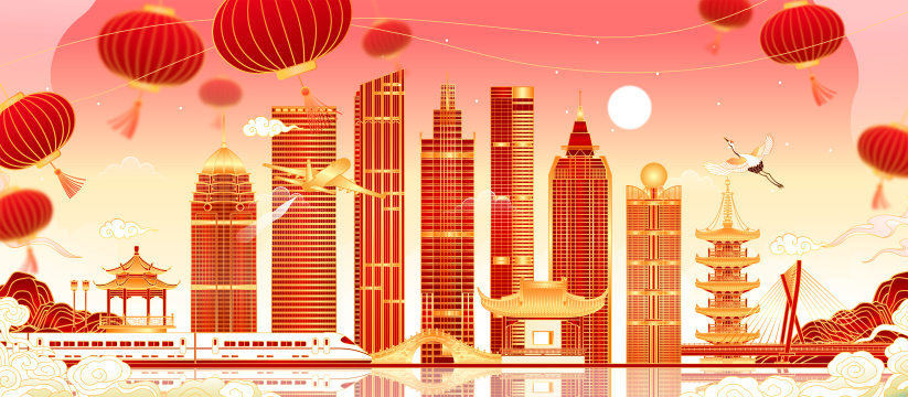 江苏无锡城市天际线建筑插画