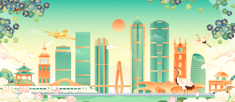 海南海口城市建筑群矢量插画