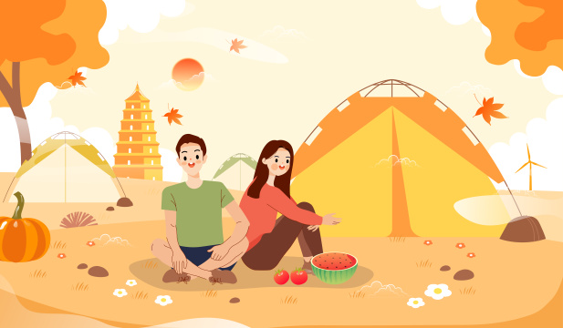秋天一对情侣在户外露营