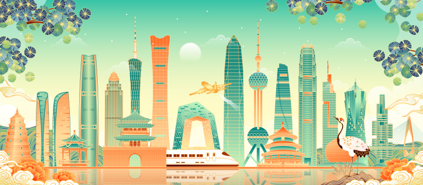 中国城市建筑组合矢量插画