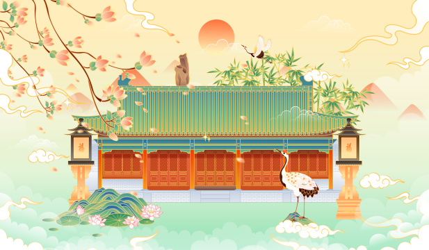 北京恭王府银安殿风景矢量插画