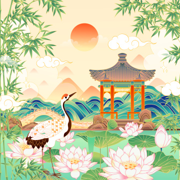 恭王府沁秋亭风景矢量插画