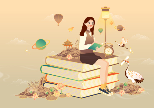 坐着正在看书的女孩创意插画