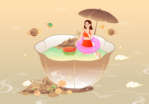 夏天节气创意茶杯矢量插画