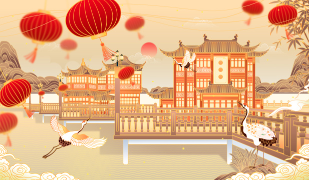 新年上海城隍庙景区矢量插画