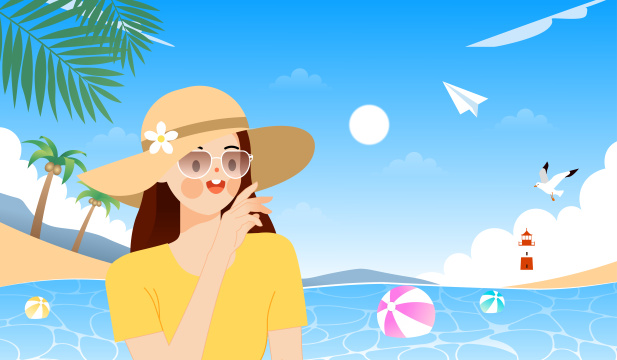 夏天在户外度假的女生矢量插画