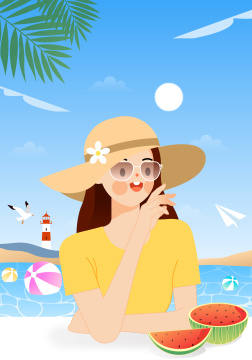 夏天在户外度假的女生矢量插画