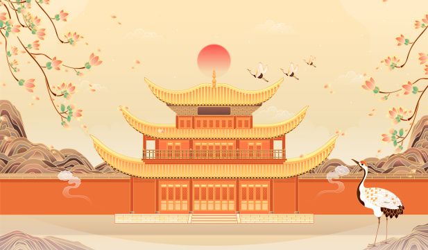 复古中国风湖南岳阳楼建筑插画