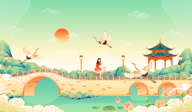 中国风公园风景矢量插画