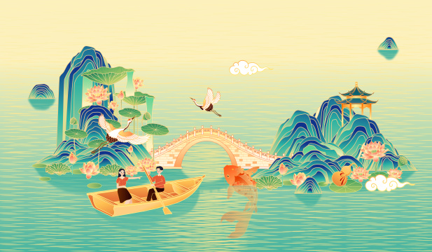 国风山水风景矢量插画