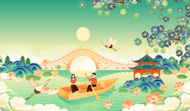 国潮风山水风景矢量插画