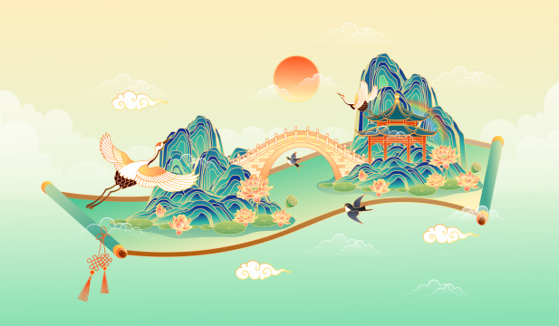 国风青绿山水矢量插画