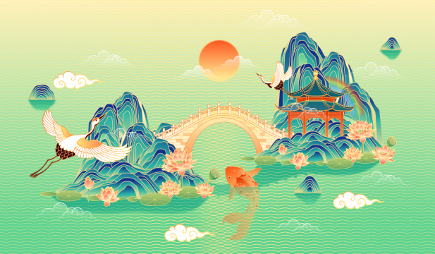 国潮风青绿山水矢量插画