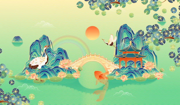 国潮风青绿山水矢量插画