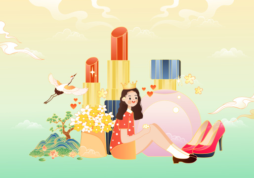 化妆品与女孩矢量插画