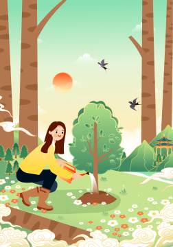 植树节保护环境浇水种树的青年