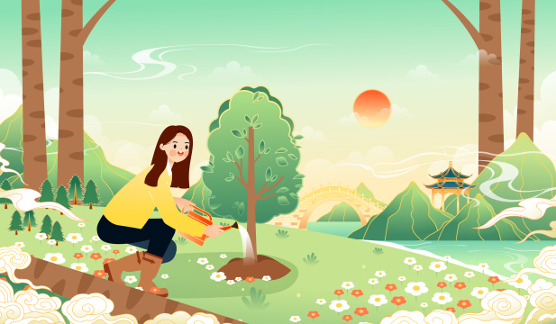 植树节保护环境浇水种树的青年