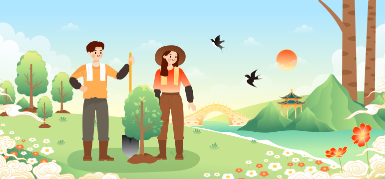 植树节保护环境浇水种树的青年