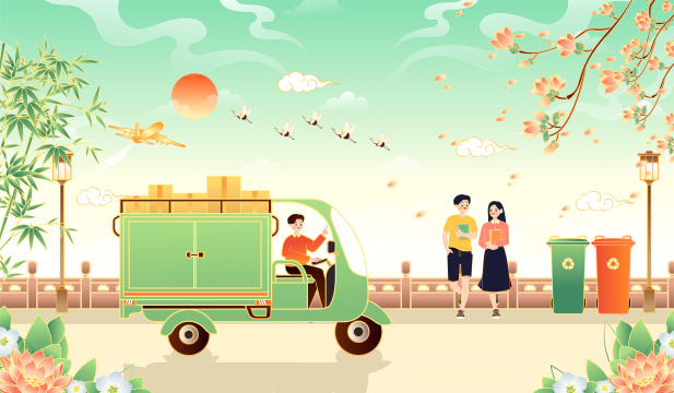 开着快递车送货的快递员矢量插画