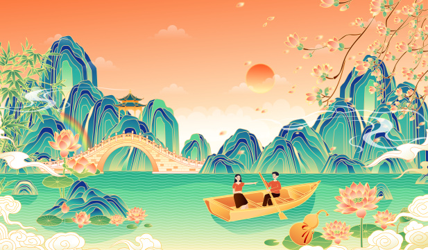 中国风青绿山水风景插画