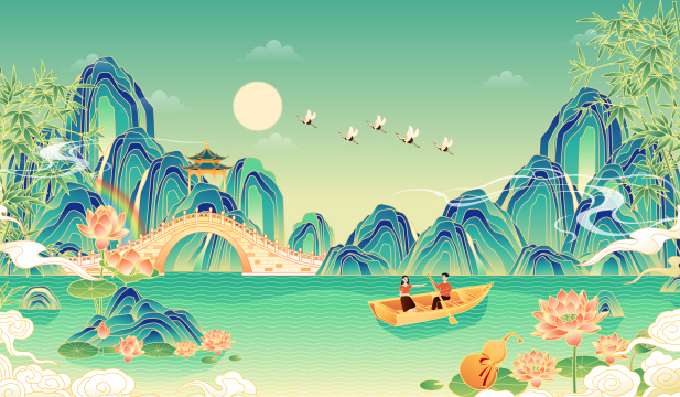 中国风青绿山水风景插画