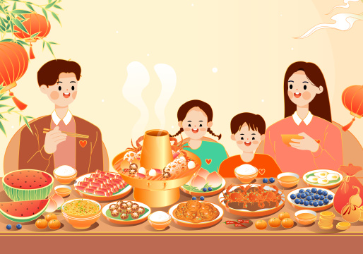 正在吃饭的一家四口