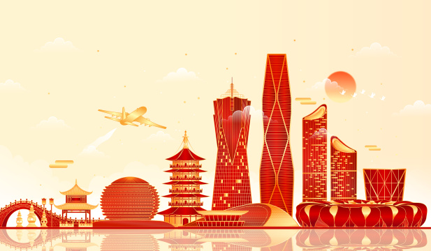 新年杭州地标建筑矢量插画