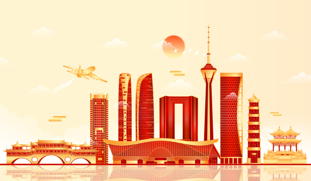 新年四川成都地标建筑矢量插画