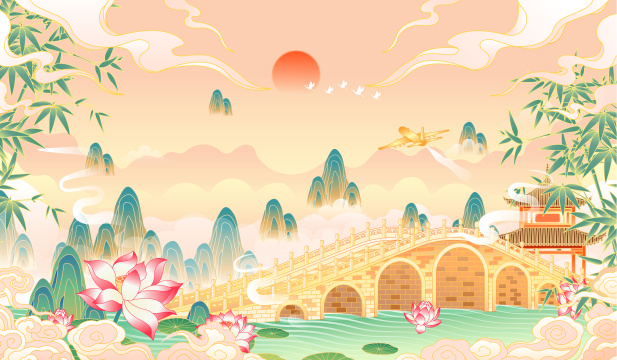 国潮风园林风景矢量插画